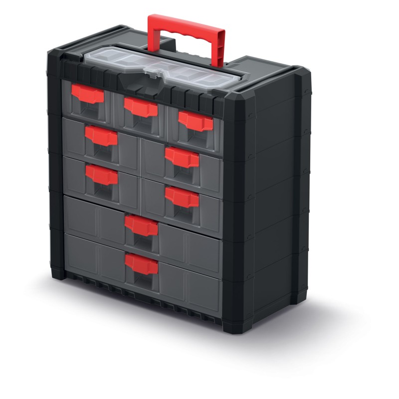 Organizer Cassetta Valigetta per Attrezzi | Portatile con Manico | Impilabile | Appendibile | 9 Cassetti con Sistema di Bloccaggio | 40x20x39,2 cm | in Plastica Resistente