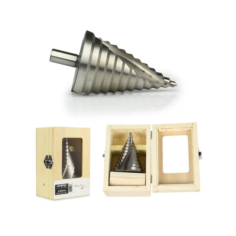 Punta HSS a scalino 6-60mm attacco 12mm gradazione 5mm a spirale con scatola