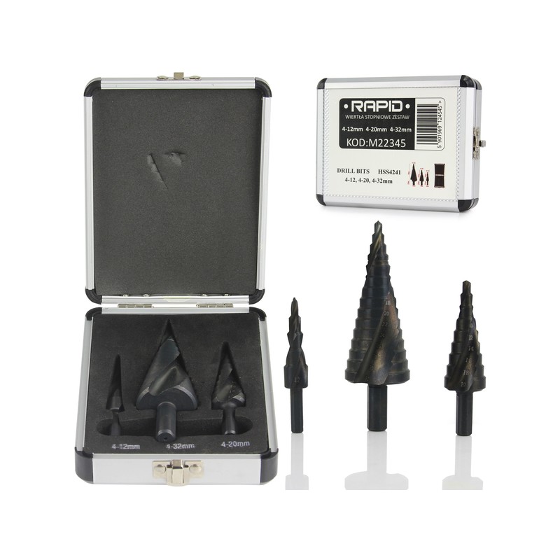 Set 3 punte HSS a scalino 4-12/20/32mm attacco 6-10mm gradazione 2mm a spirale