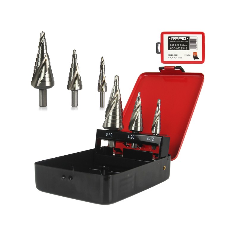 Set 3 punte HSS a scalino 4-12/20/30mm attacco 6-10mm gradazione 1-2mm a spirale