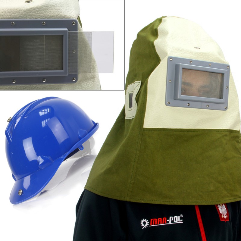 Maschera per Sabbiatura con Casco | Visore 123x72 mm | Spessore Visore 3 mm | Casco Regolabile