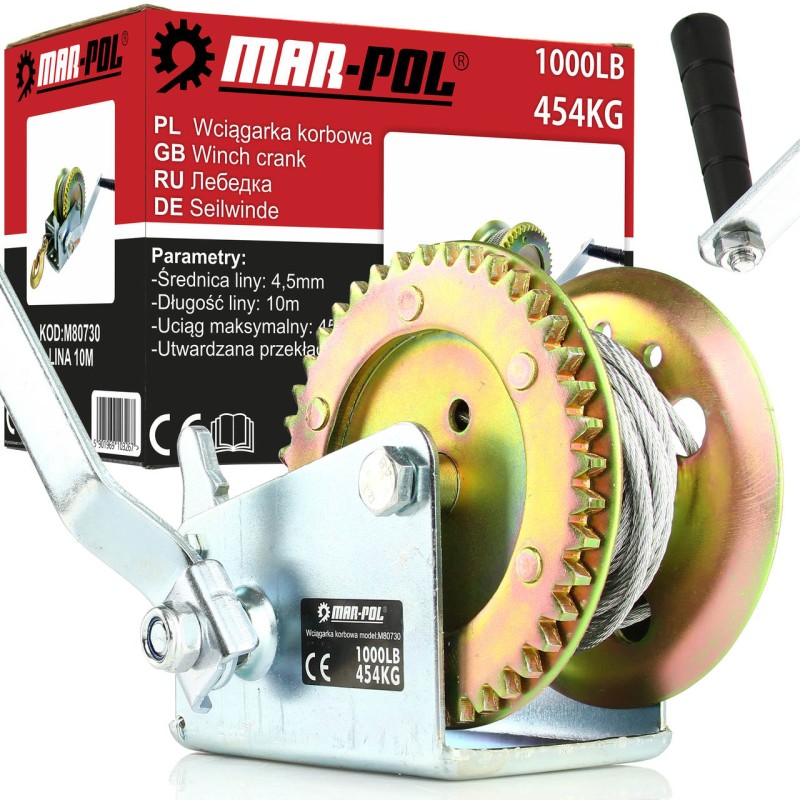 Verricello manuale 454kg cavo Ø4,5mm x 10m con manovella e blocco in acciaio