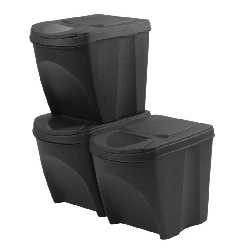 Set di Bidoni Cestini SortiBox ECO | per Raccolta Differenziata Riciclaggio | Impilabili | 25 Litri | Antracite | in Plastica e 33% di Legno | per Casa Interni